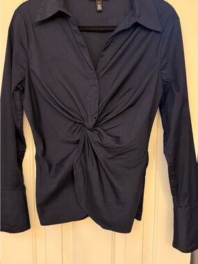 White House Black Market Navy Knot-Front Button Down Shirt